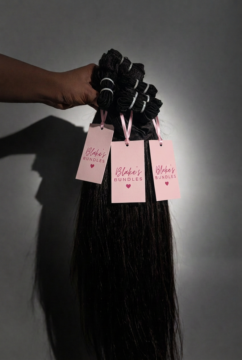 Three Raw Straight Bundles held in hand, each with a pink Blake’s Bundles hang tag on a pink satin string