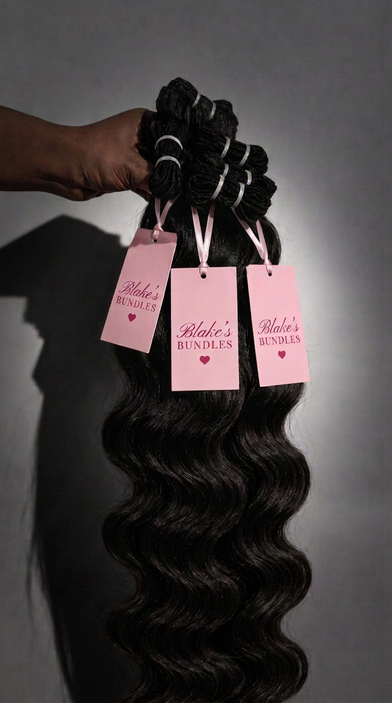 Three Raw Wavy Bundles held in hand, each with a pink Blake’s Bundles hang tag on a pink satin string